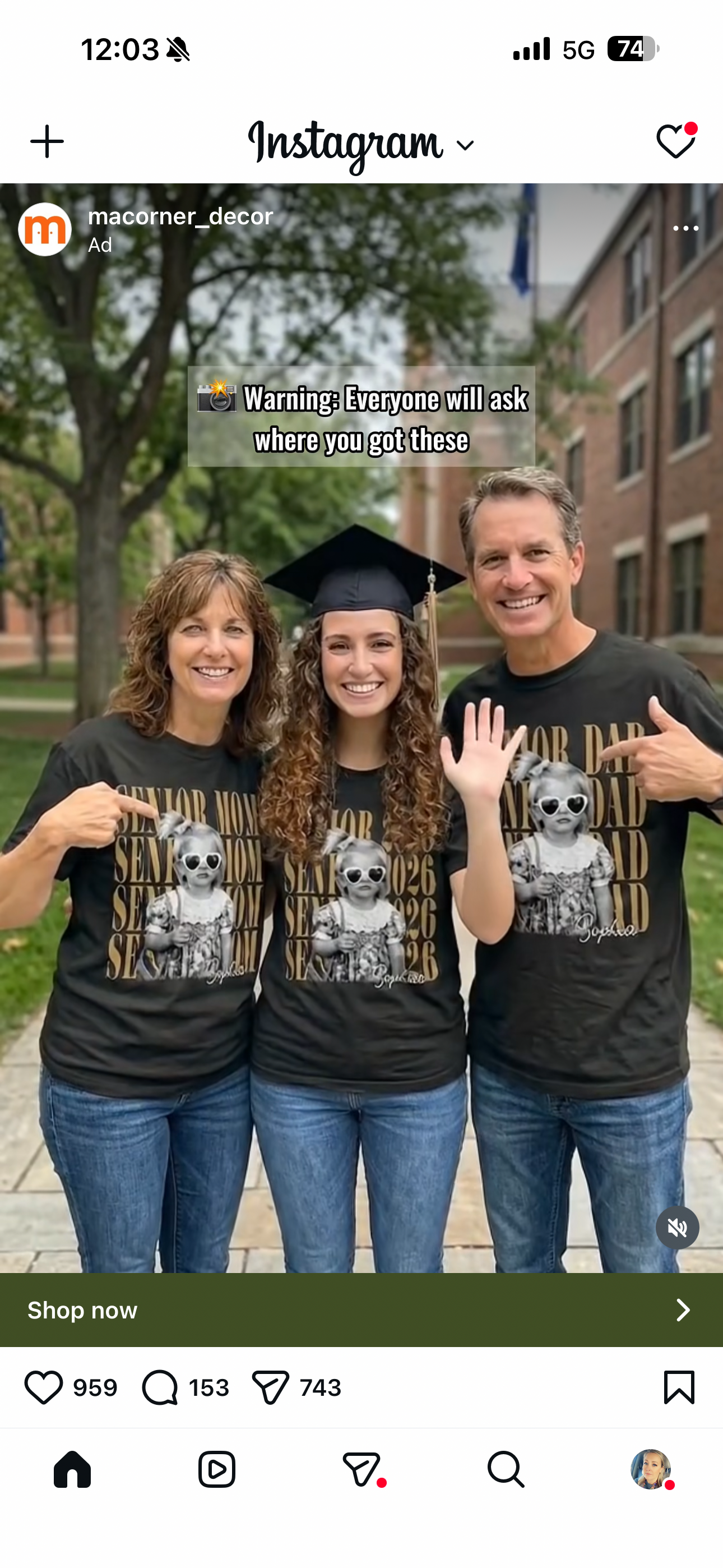 Supplied Instagram advertisement showing graduation photo shirts as a design reference.